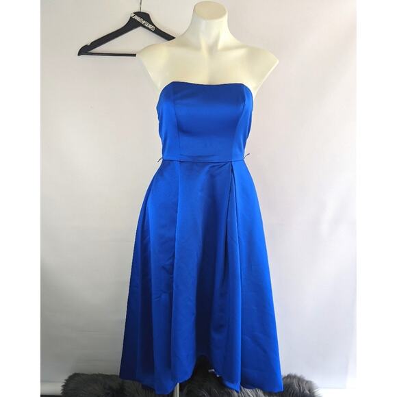David's Bridal Cobalt Blue High Low Midi Strapless Bridesmaid Dress Sz 2 - Picture 1 of 6